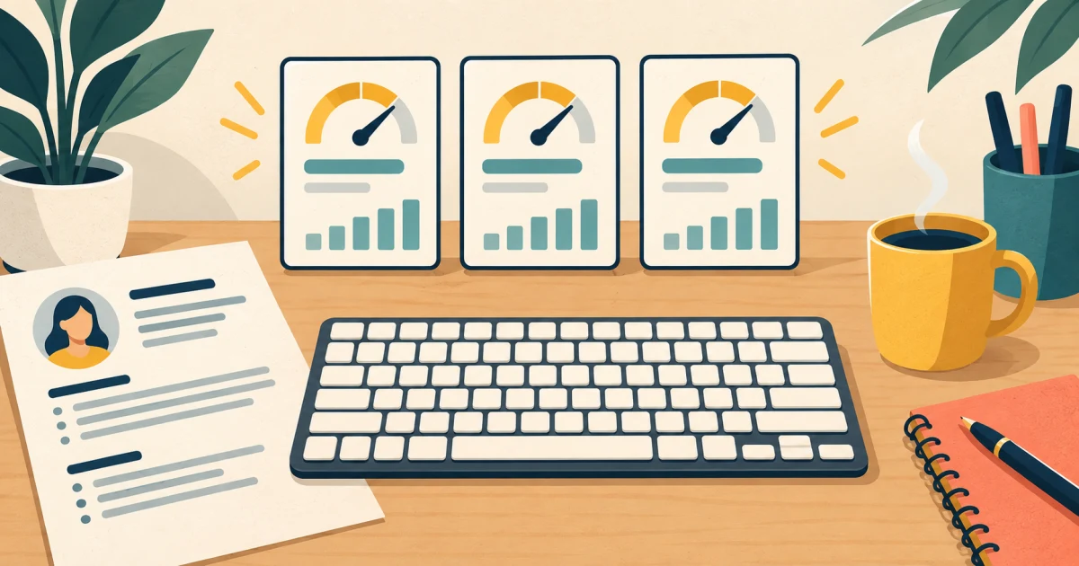 Resume skill line beside three matched typing-test scorecards and a keyboard