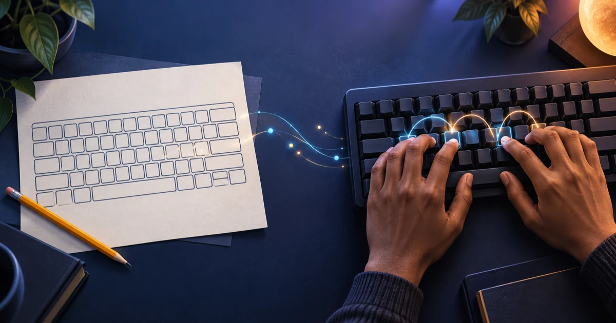 Blank keyboard sketch beside hands typing familiar key sequences on a physical keyboard