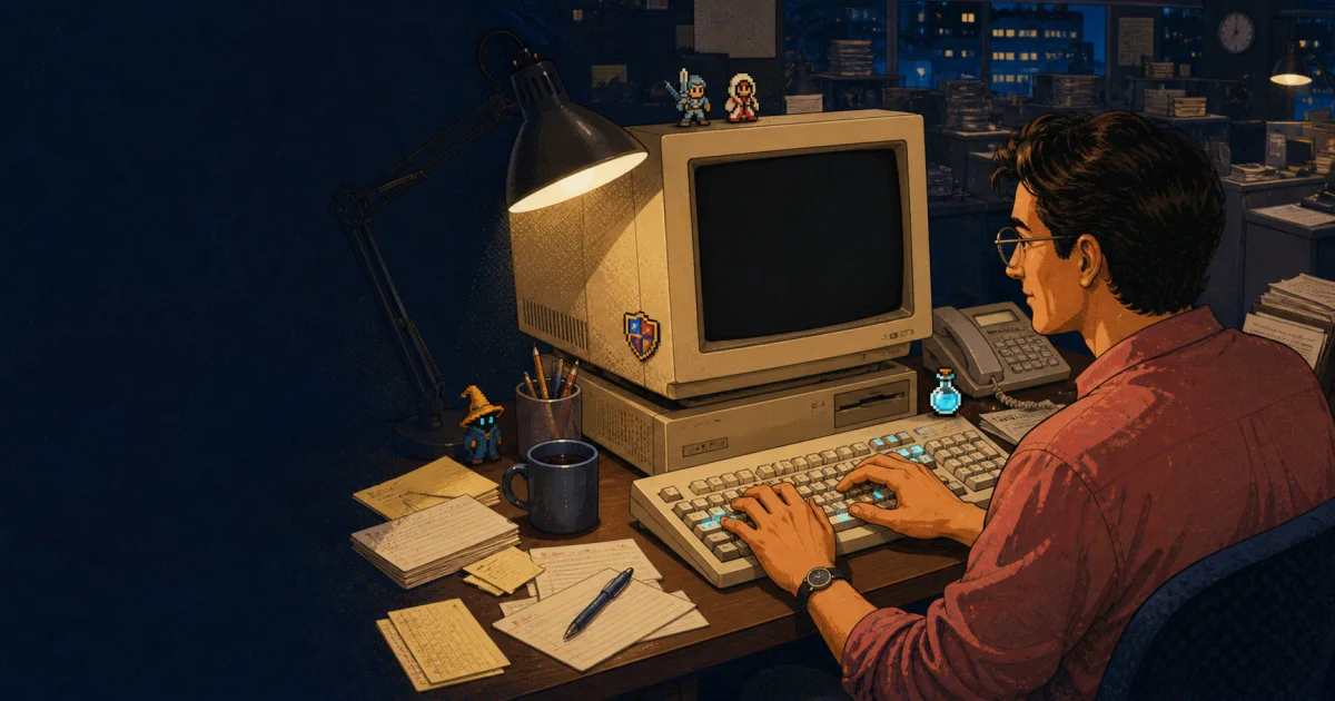 Original illustration of a fictional 1990s newsroom writer typing beside a dark CRT monitor