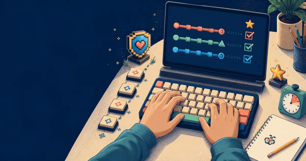 Illustration of student hands practicing on a keyboard beside progress paths and accuracy checks