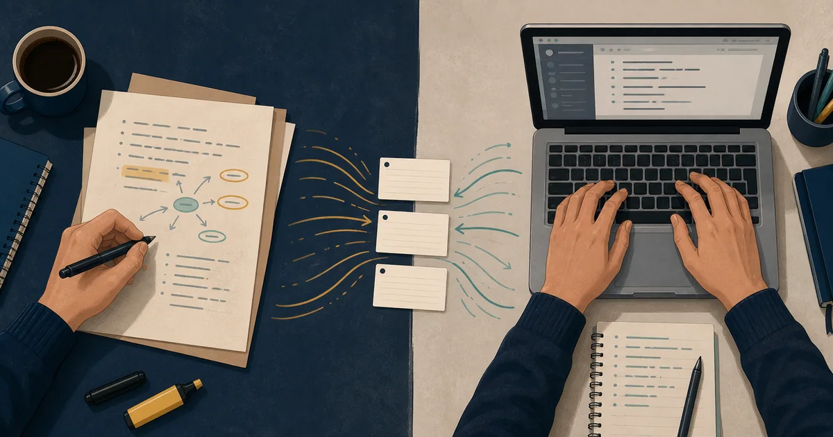 Handwritten and typed lecture notes converging into the same set of recall cards