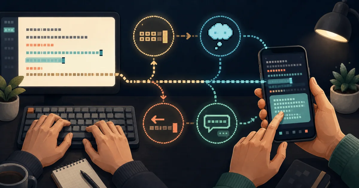 Illustration comparing iterative AI prompt typing on a desktop keyboard and mobile phone
