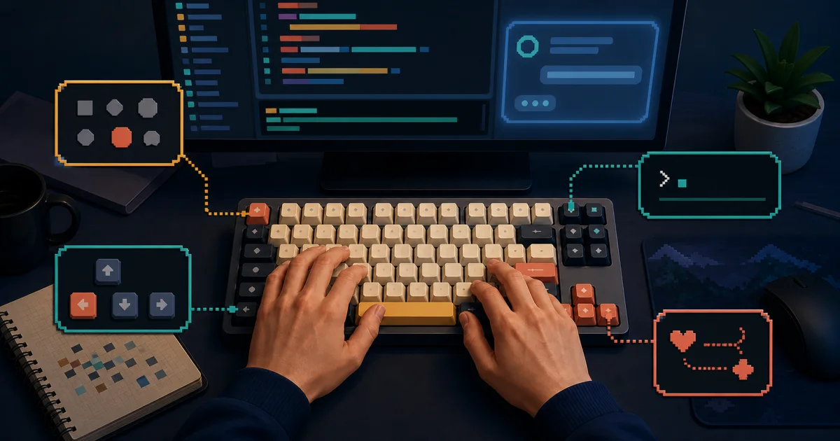 Illustration of a programmer using keyboard shortcuts, terminal commands, and an AI assistant