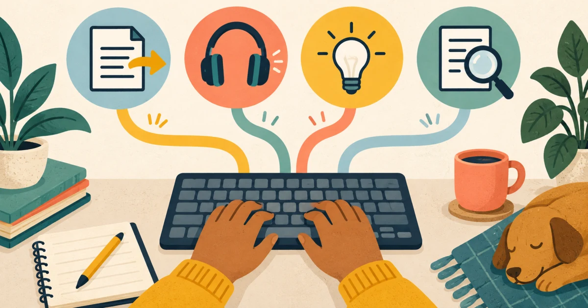 Four-task typing profile separating copying, listening, composing, and reviewing